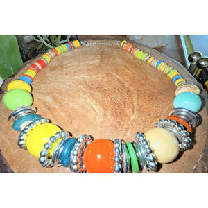Colorful Boho Mixed Medium Statement‎ Necklace Artsy Bright